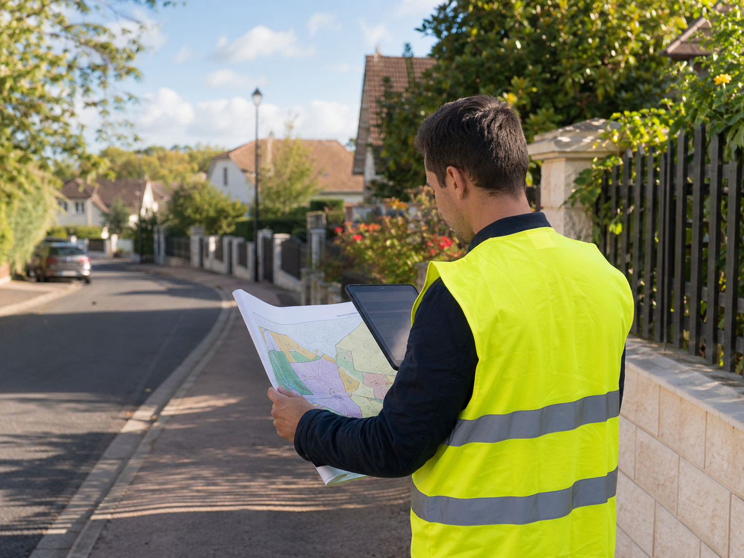 Agent municipal consultant un plan PLU en pleine rue