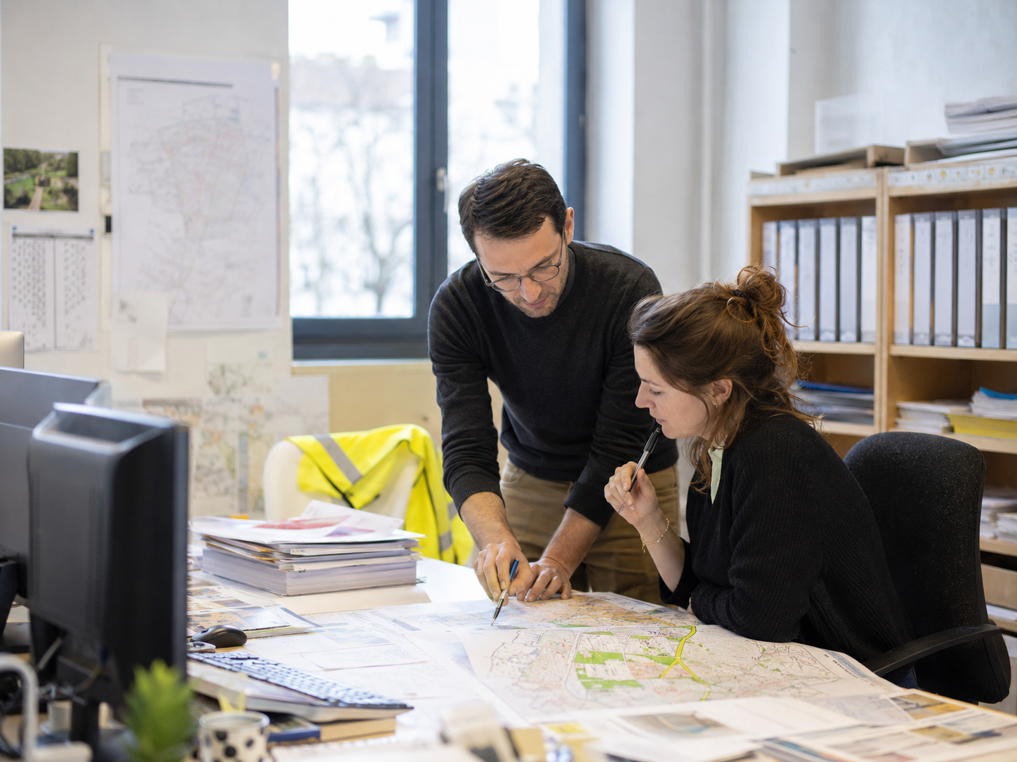 Agents du service urbanisme analysant un plan en bureau